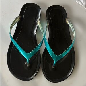 Senso-Megan Black Flip Flop Sandals Iridescent Teal Straps Jelly Thong Sz6 Small